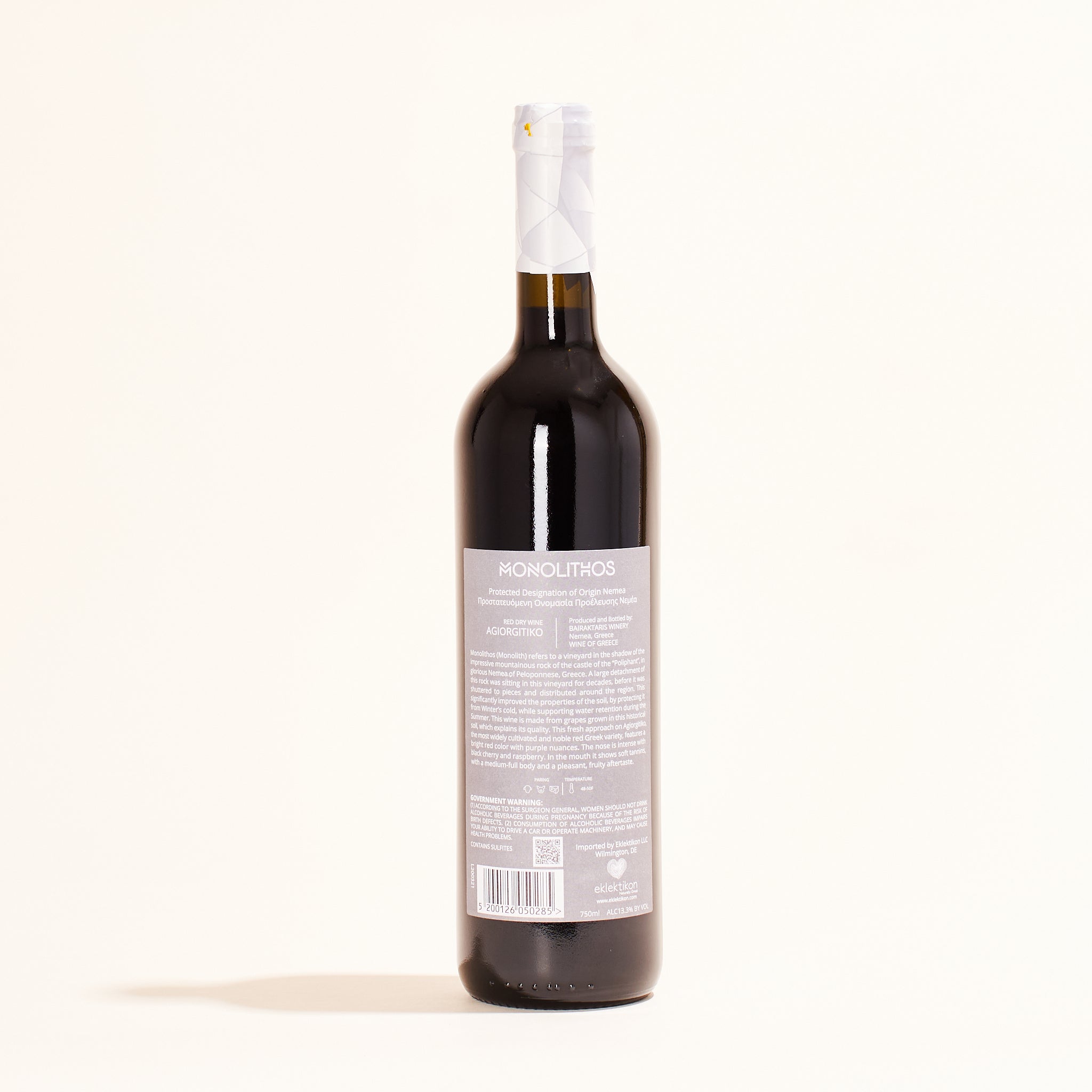 Bairaktaris  Monolithos Agiorgitiko natural red wine Peloponnesos, Greece back label