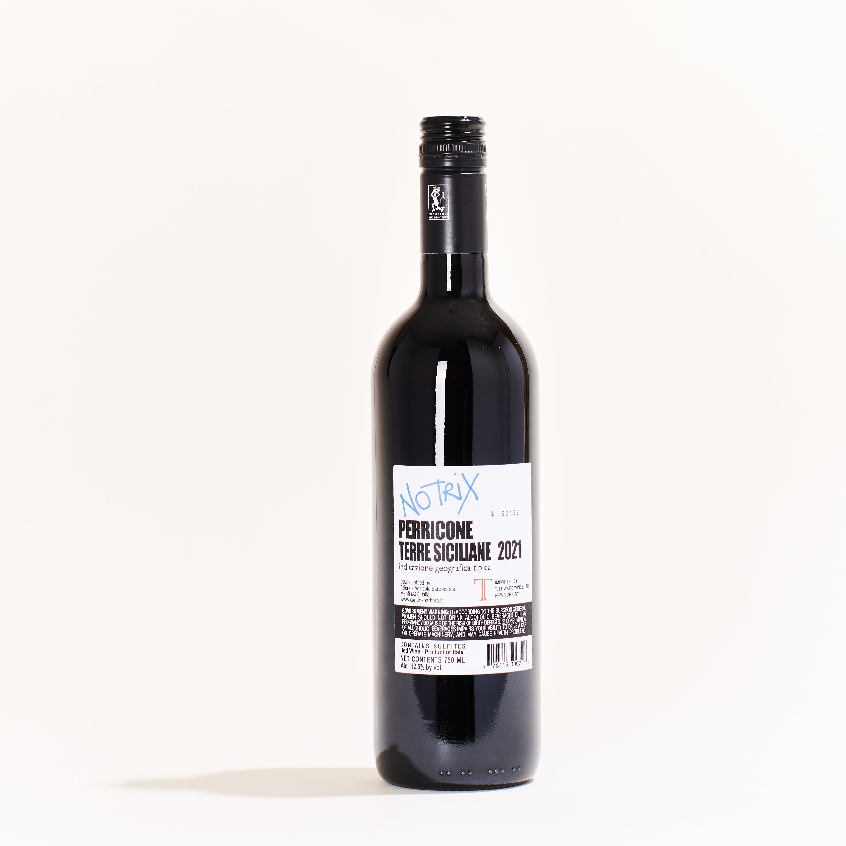 Cantine Barbera No Trix Perricone Perricone natural red wine Terre Siciliane Italy back label