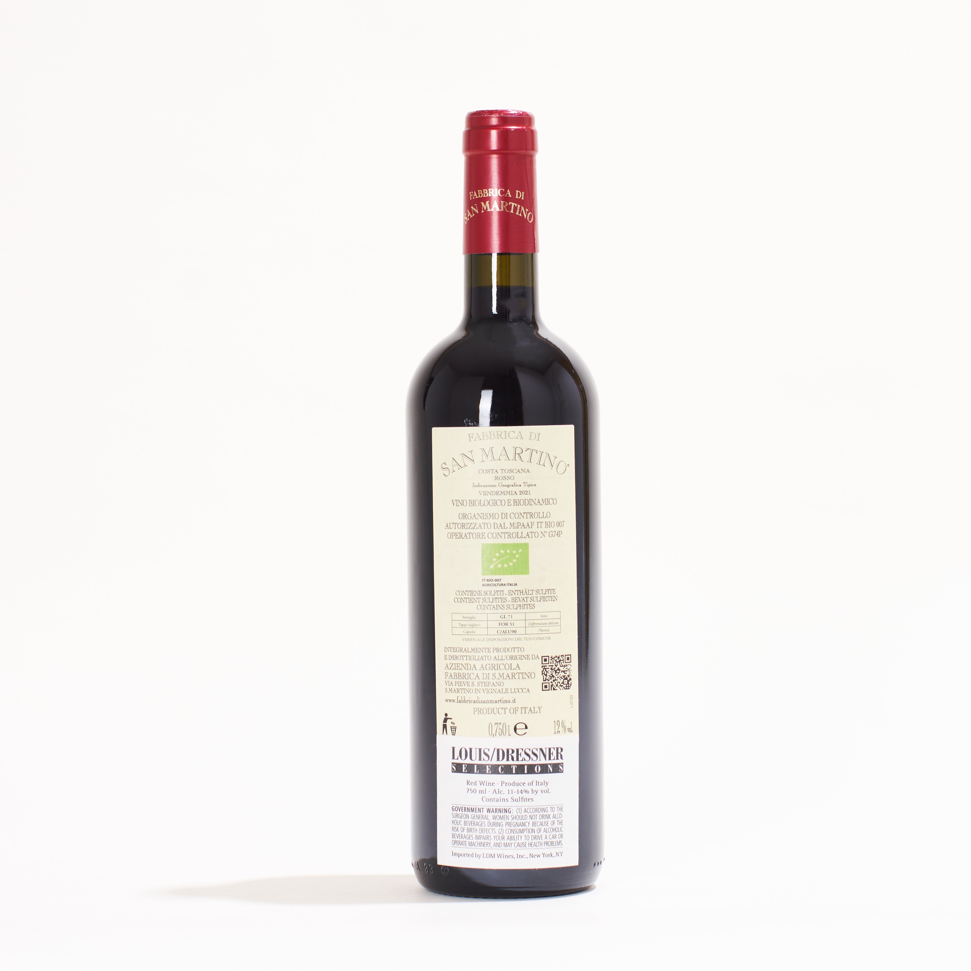 Fabbrica di San Martino Arcipressi Rosso Sangiovese, Colorino, Canaiolo, Trebbiano, Vermentino, Malvasia natural red wine Tuscany Italy  back label