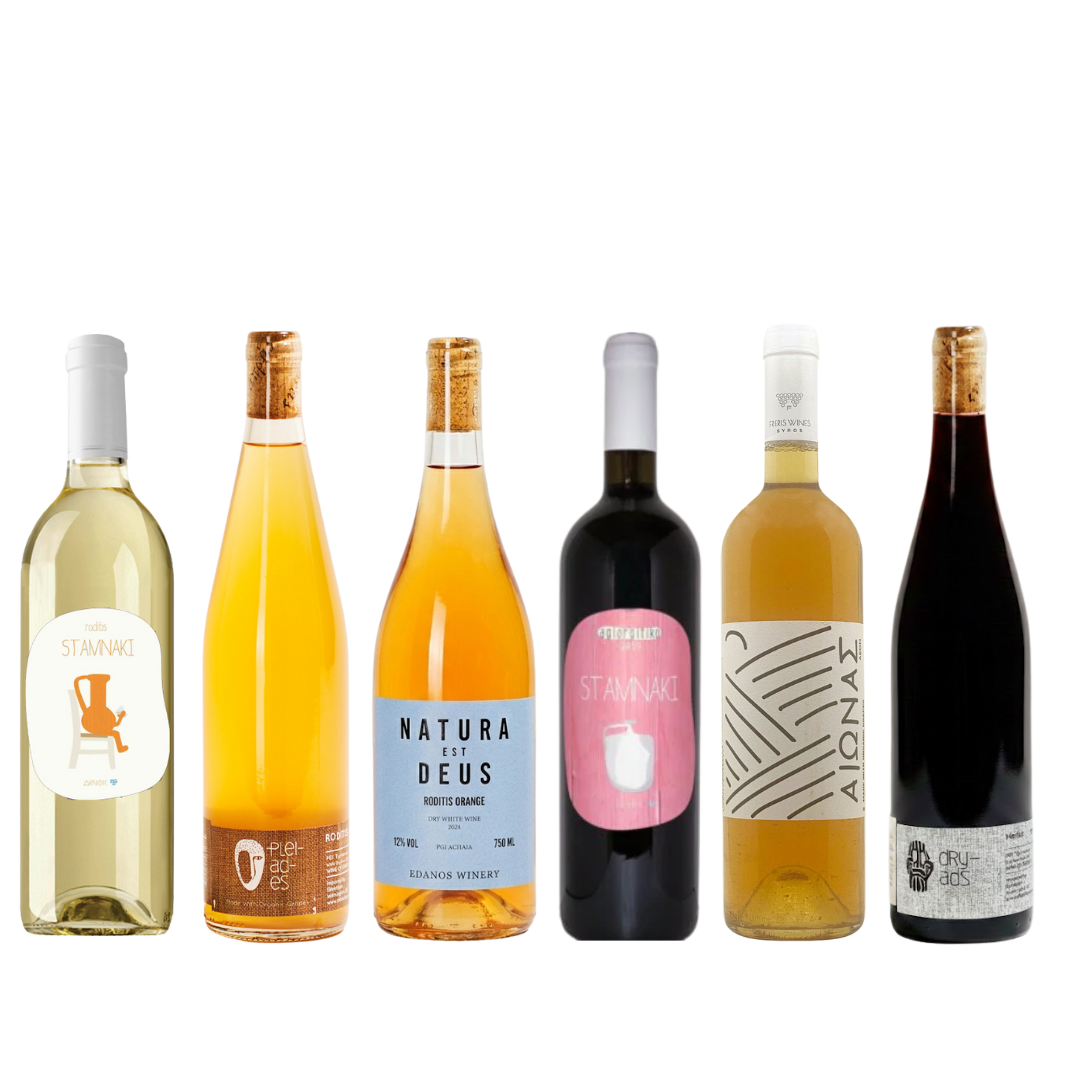 Collection of six wine bottles from Greece with various labels on a white background