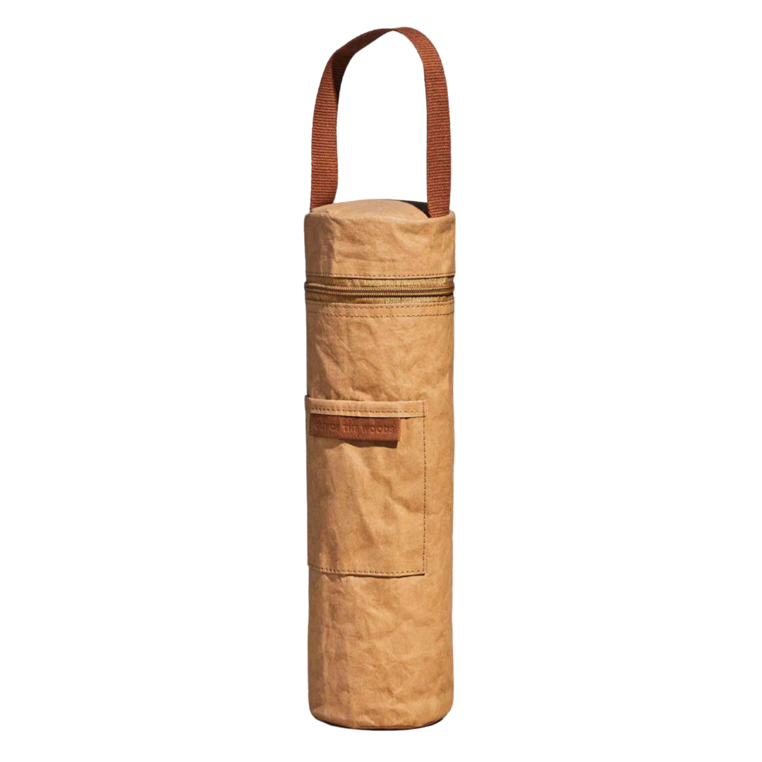 Brown insulated wine tote bag with a strap without background