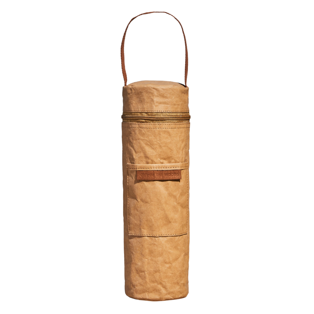 Brown insulated wine tote bag with a strap without background