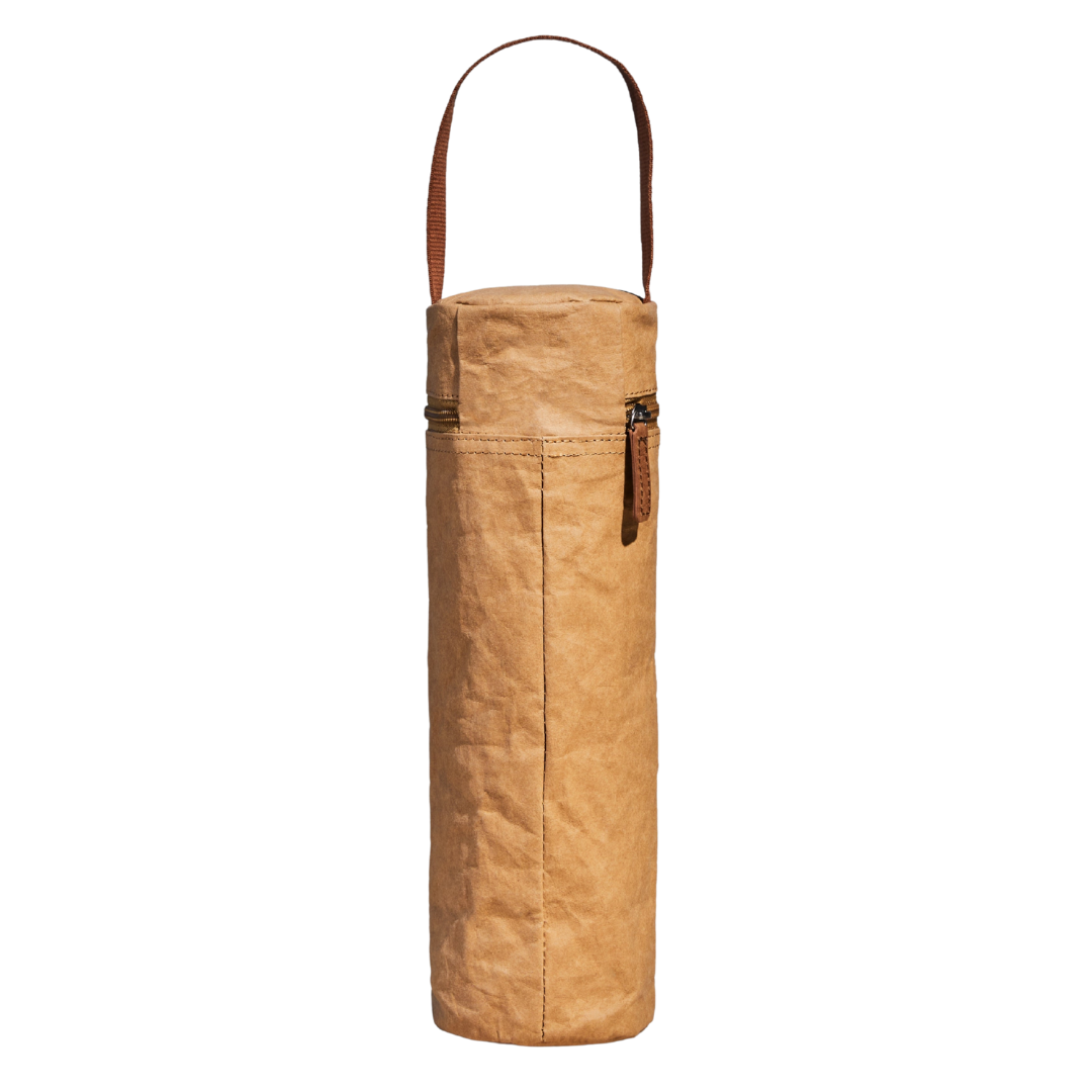 Back of a brown insulated wine tote bag with a strap without background