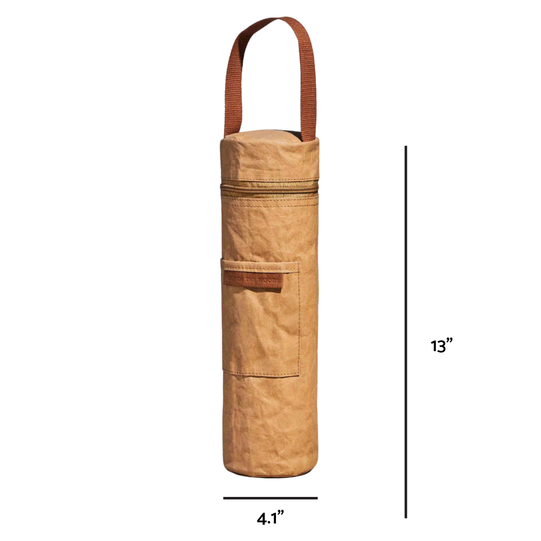 Brown leather insulated wine tote bag with measurements, without background