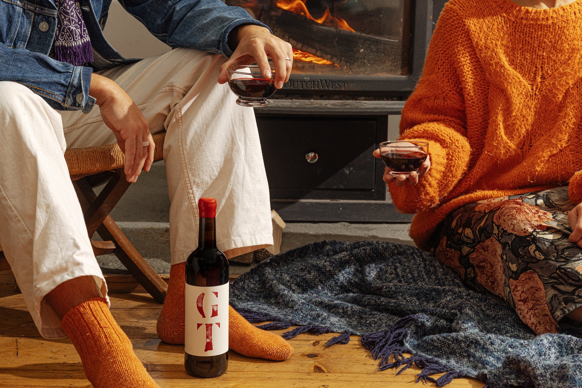 cozy natural wine in front of the fire