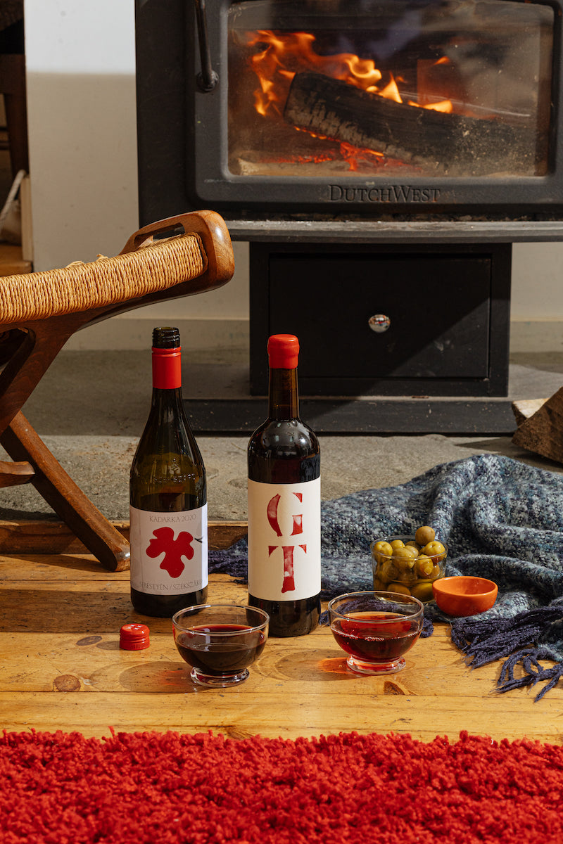 red natural wines in front of fireplace