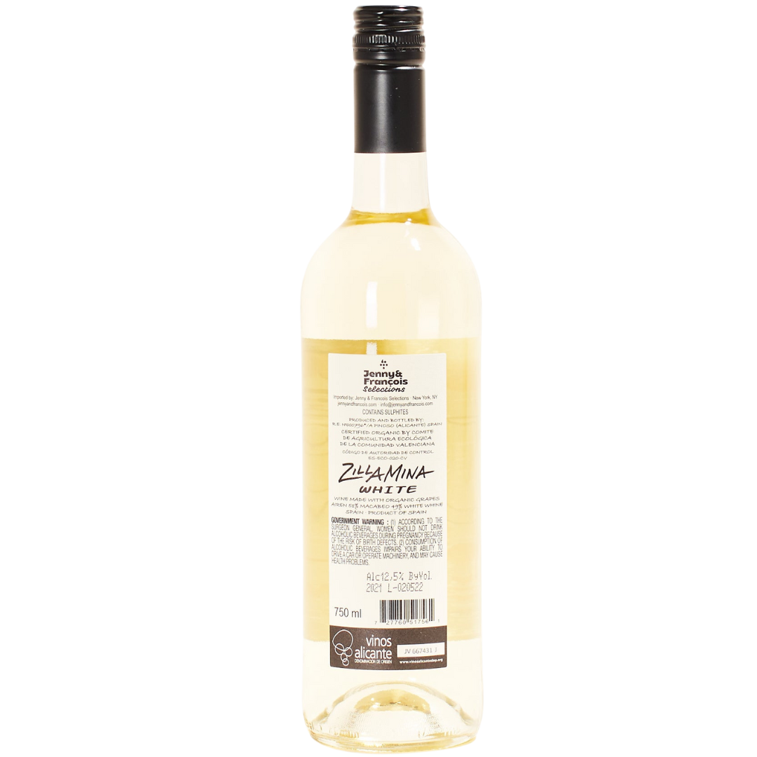 Zillamina Blanco natural white wine Alicante Spain front back