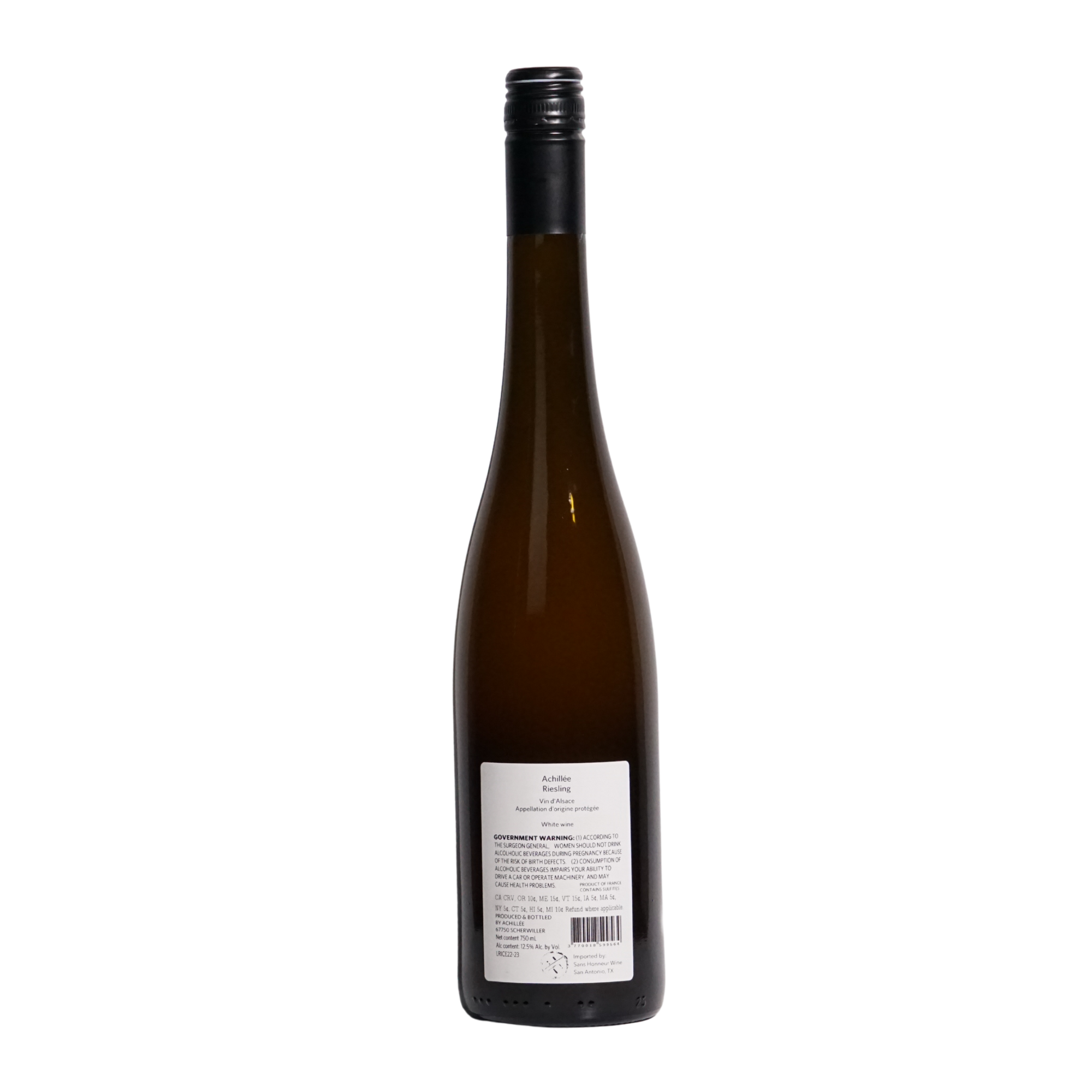 Riesling by Achillee, a natural white wine from Alsace, France made with Riesling, Silvaner, Auxerrois, Pinot Gris, Pinot Blanc, Muscat Ottonel, and Chasselas. Aromatic and layered with a fresh, textured profile.