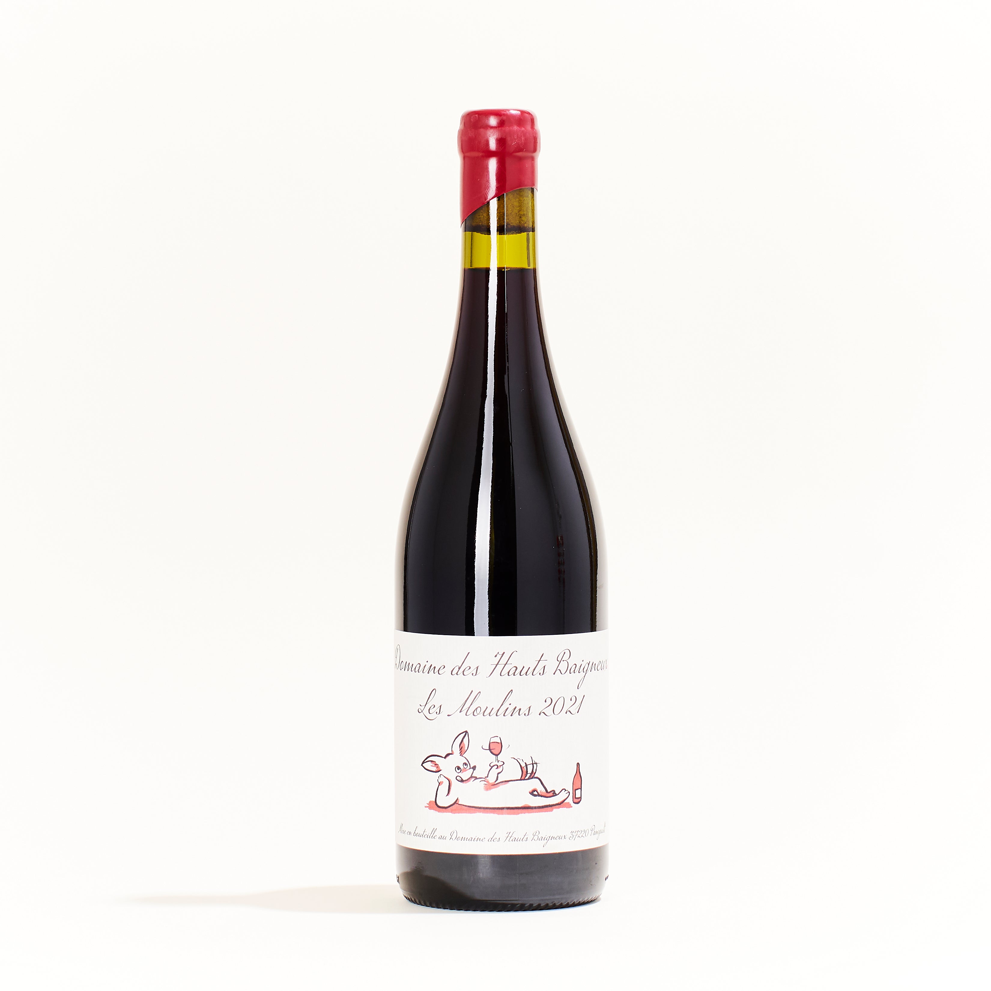 Les Moulins VDF Red natural wine bottle. Cabernet Franc grapes, minimal SO2, Domaine Haut-Baigneux, Panzoult, France.