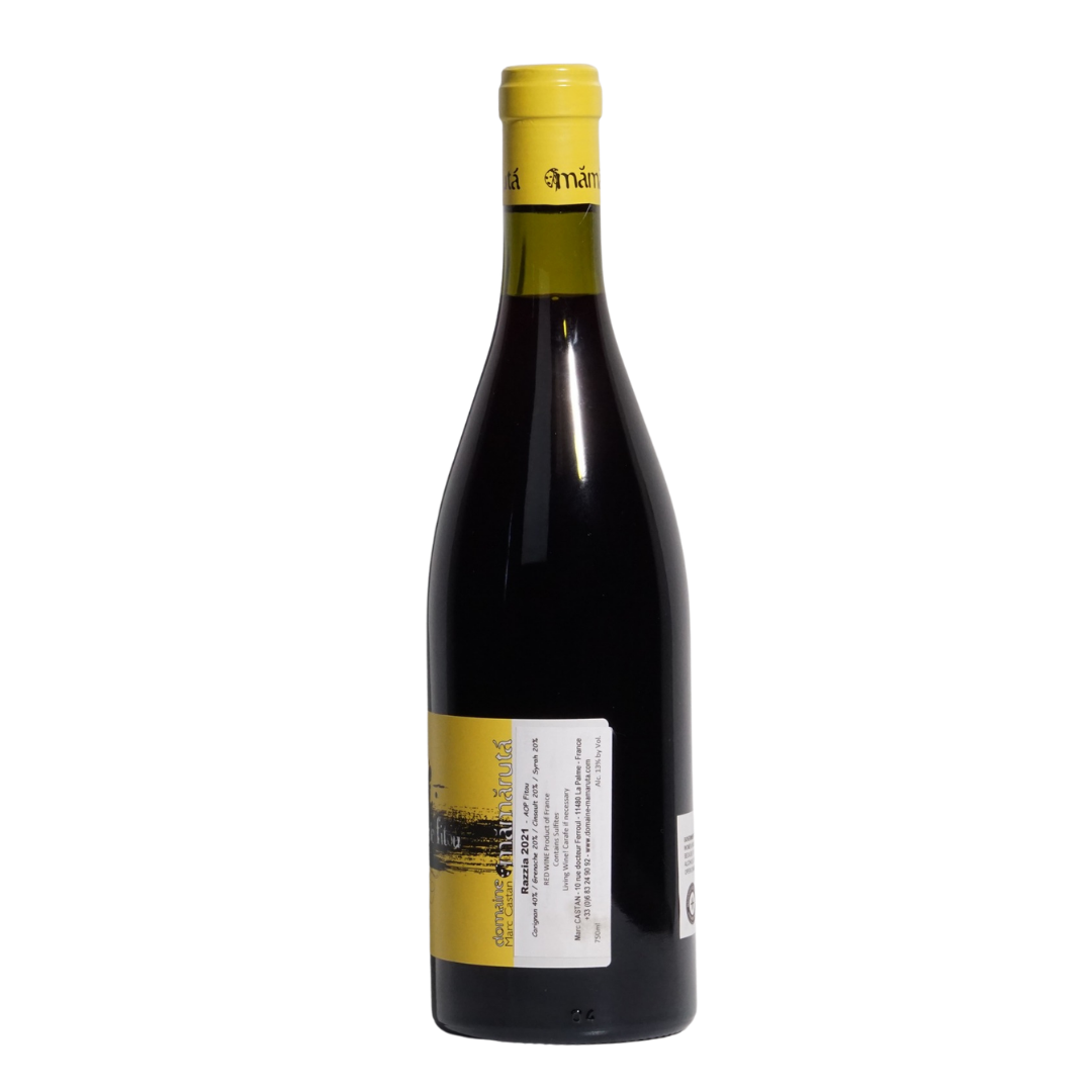 Razzia 2021 natural red wine by Domaine Mamaruta from Languedoc, France, a medium-bodied blend of Grenache, Carignan, Cinsault, and Syrah