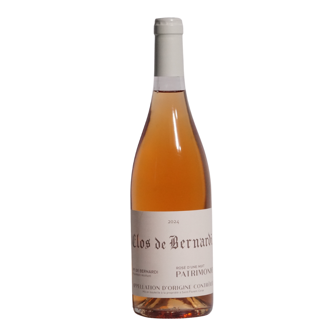Rosé de Une Nuit Patrimonio Rosé 2024 by Clos De Bernardi natural rosé wine from Corsica France made from Nielluciu grapes fresh Mediterranean rosé