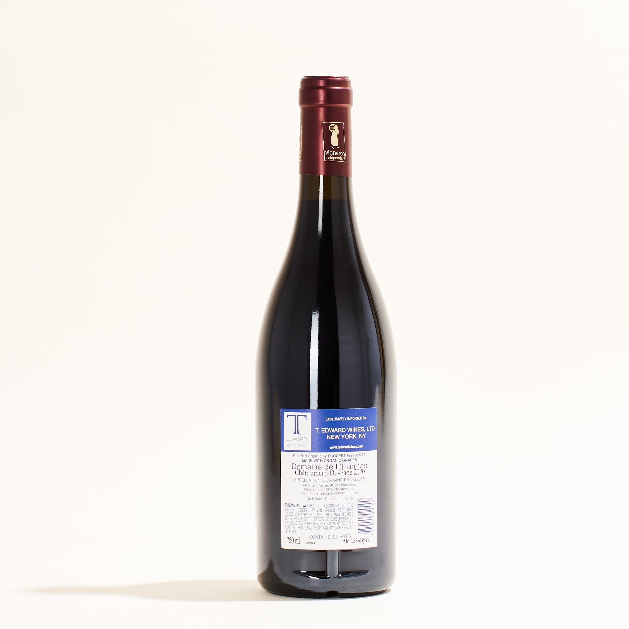 Chateauneuf-du-Pape Rouge Domaine L&#39;Harmas natural red wine Rhône France back